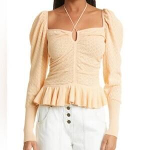 Ulla Johnson NWT Leland Pointelle Peplum Top Honey Peach Size XL Puff Sleeve